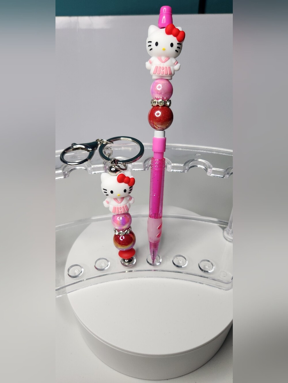 Custom made Hello Kitty Pink Red White Beaded Pencil and Keychain Duo